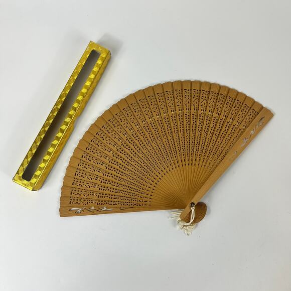 Unbranded Other - Vintage Folding Hand Fan Wood with Original Box Pierced Reticulated White Tassel
